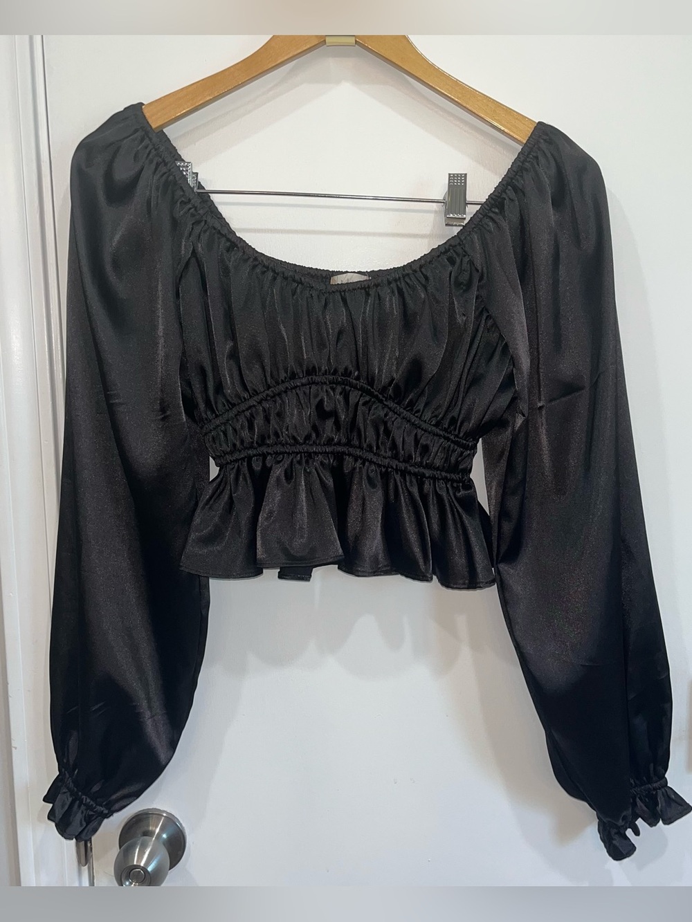 EUC Altar’d State Black Satin Smocked Peplum Cropped Long-Sleeve Top - Size S
